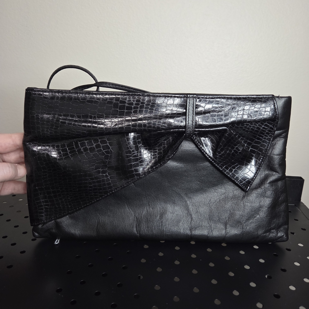 Black Leather Clutch With Crocodile Bow, Genuine Leather, Kiss Lock